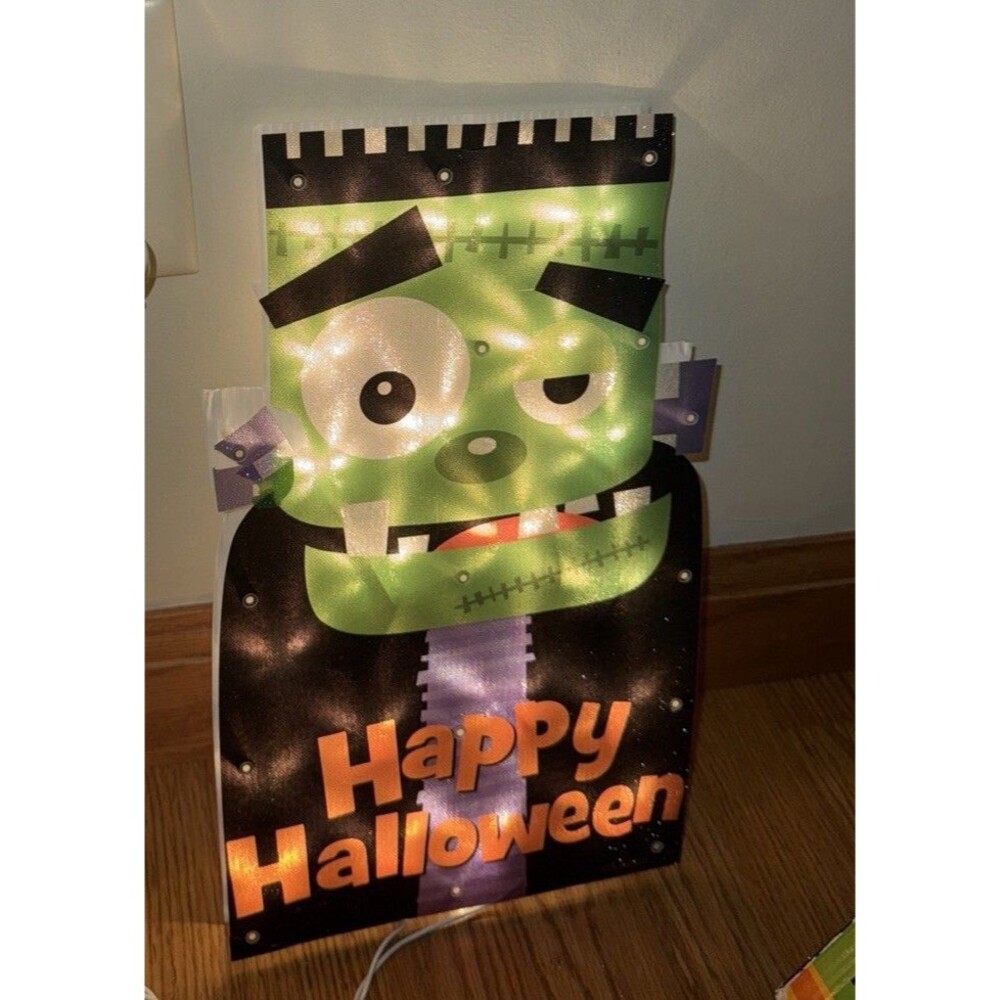Vtg Frankenstein Light Up Window Hanging Trick Or Treat Halloween 15” Glitter